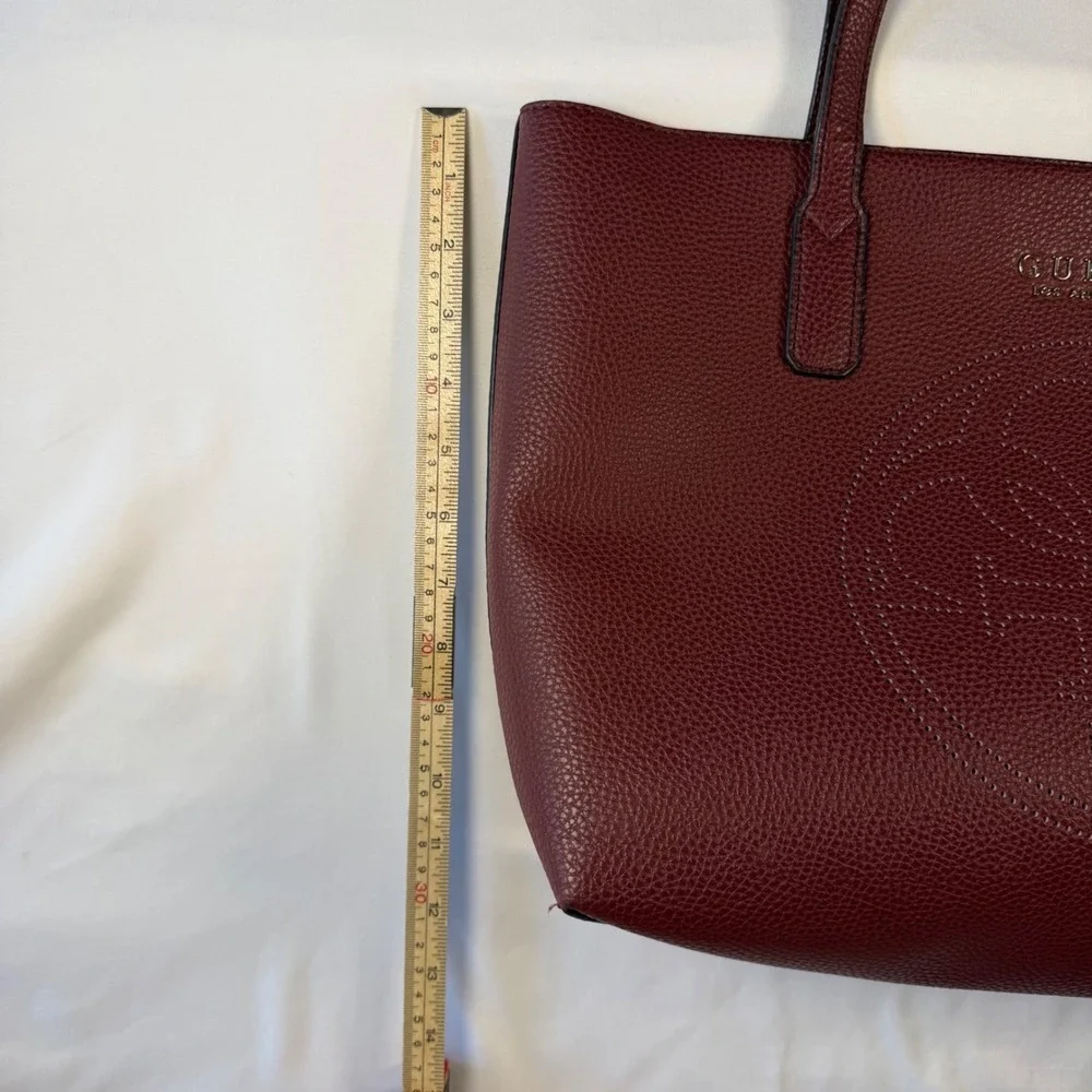 Guess Los Angeles Burgundy Pebbled Tote‎ Bag Perforated Logo Wine Red